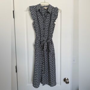 White and Blue Floral Button Down Tie Waist Dress